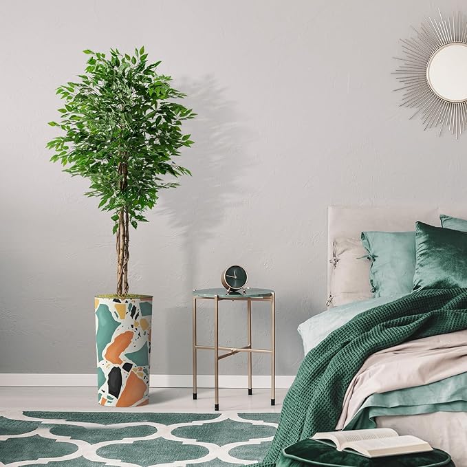 Artificial Tree in Modern Geometric Pattern Planter, Fake Ficus Silk Tree for Indoor and Outdoor Home Decoration - 75" Overall Tall (Plant Pot Plus Tree)