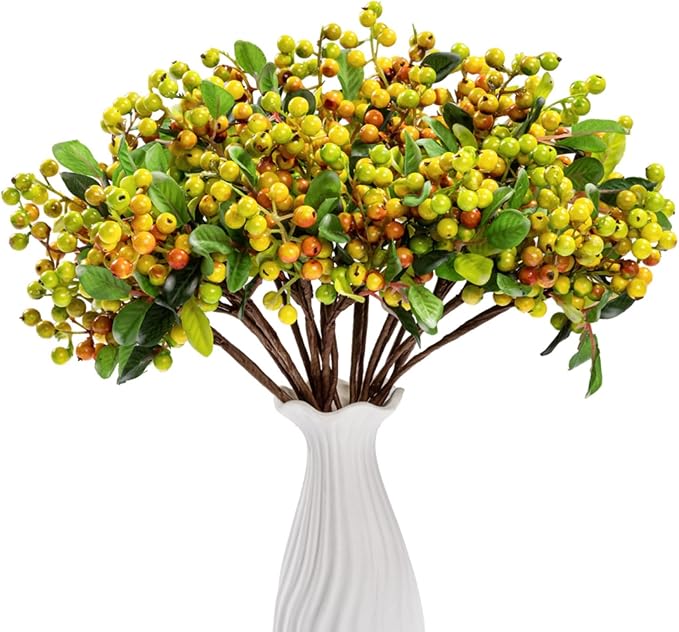 SHACOS Artificial Orange Fall Berry Stems 20 PCS Fake Berries Branches Spray with Green Leaves 9.8 inch Small Berry Picks for Thanksgiving Christmas Floral Crafts Home Decor, Orange Yellow