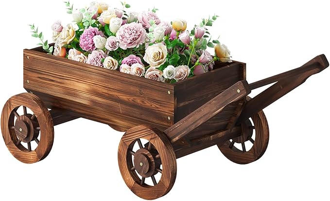 Wooden Wagon Garden Planter Cart with Wheels Rustic Flower Pot – Indoor Outdoor Patio Backyard Balcony Decor for Succulents, Flowers and Plants（Carbonized-L