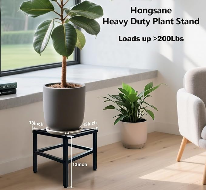 Hongsane Plant Stand Indoor Outdoor,13 Inch Metal Plant Stands Riser,Heavy Duty Wrought Iron T Pedestal Holders for Large Flower Pot,Outside Rust-Proof Black Flower Display Shelf for Patio,1-Pack