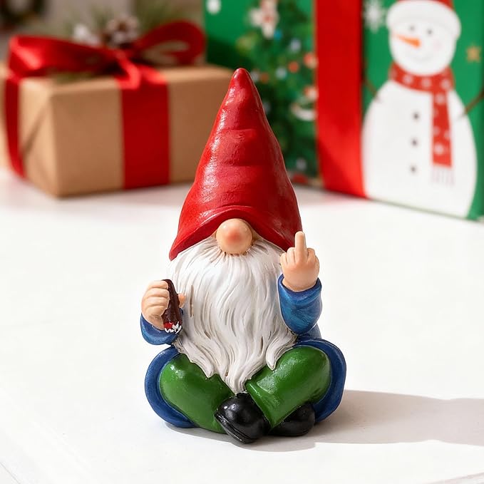 Middle Finger Gnome Statue 6.3in, Naughty Garden Gnomes Yard Lawn Decoration Funny Smoking Gnome Statue Indoor Outdoor Home Decor - Birthday Christmas Gag Gift