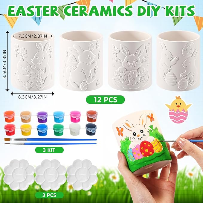 Zubebe 12 Pcs Easter Paint Your Own Bunny Ceramic Pots Bulk Unfinished Succulent Pots Painting Kits with Drainage Hole Mini Paintable Vase Ready to Paint Easter Gifts Basket Stuffers for DIY Craft