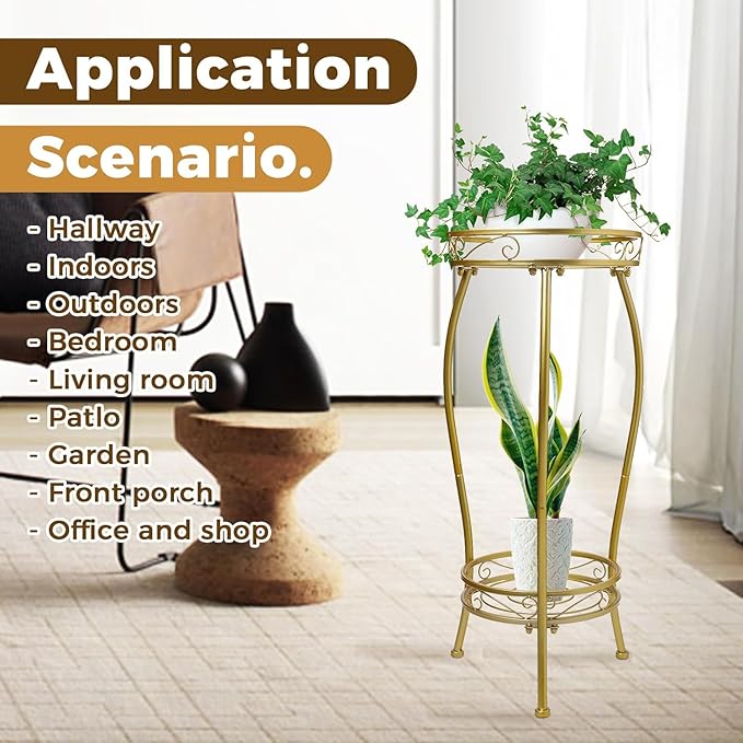 Kavlium Plant Stand Indoor Outdoor，Tall Gold Metal Rustproof Stable Plant Stands，2 Tier 27.1 inch Multiple Plant Rack Holder Rack Flower Pot Stand Heavy Duty Plant Shelf (Gold)