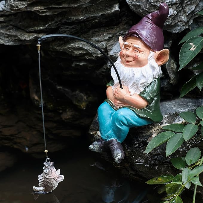 Garden Gnome Pond Decortations Outdoor Statue for Patio, Pond and Waterfall, Gnome Statue Koi Pond Decor, 9.7 Inch Fishing Gnome Figurine & Sculpture Poolside Statue with Luminous Stone