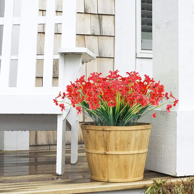 JEMONG 12 Bundles Artificial Flowers Outdoor UV Resistant Fake Flowers No Fade Faux Plants Garden Porch Window Box Decorating (Deep Red)