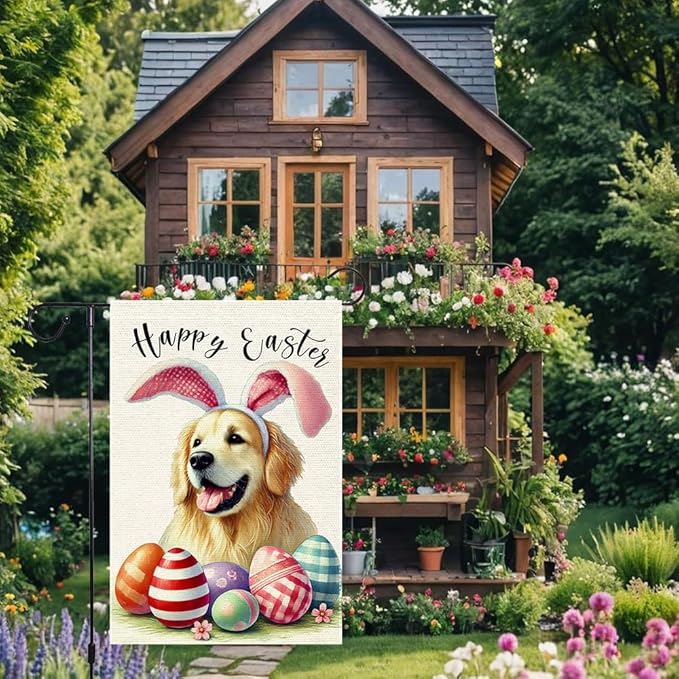 Happy Easter Garden Flag Dog Spring Seasonal Eggs Sign Yard Holiday Outdoor 12x18 Inch Small Burlap Double Sided Garden flags Decorations