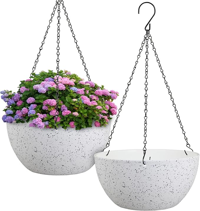 Meowell 12 inch Large Hanging Planters for Indoor Outdoor Plants, 2 Pack Hanging Flower Pots with Drainage Holes and Chain for Garden Porch, Plastic Hanging Baskets for House Plants, Speckled White