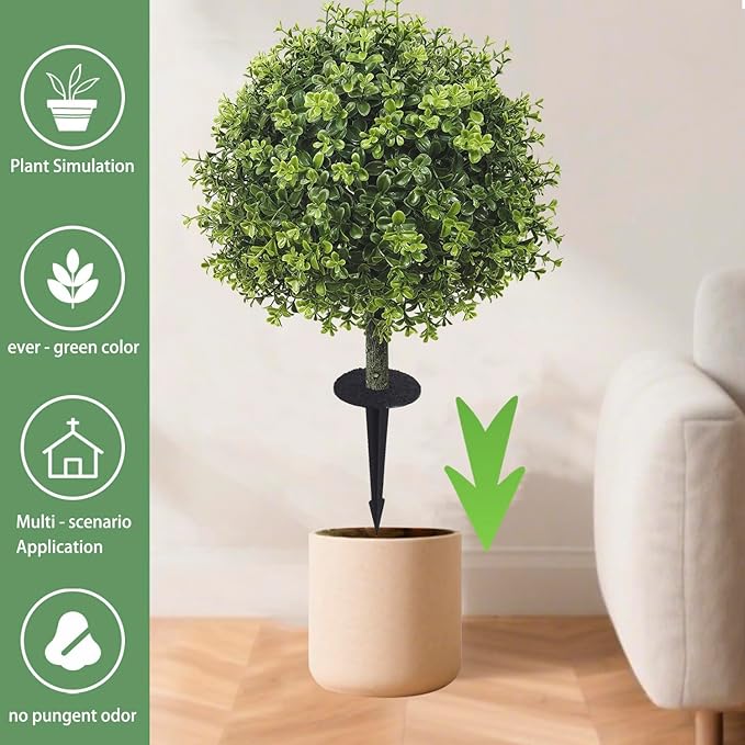 R’s Ceder Artificial Boxwood Topiary Ball Trees, 2 Set of 19'' UV Resistant Fake Evergreen Shrubs Bushes Plants with Ground Spike Fake Plants for Outdoor Indoor Front Porch Garden