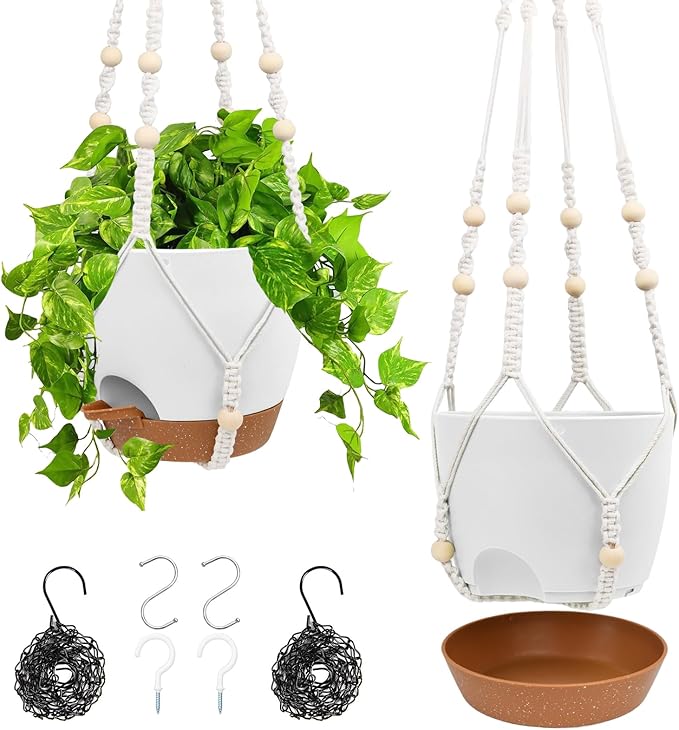 Vanslogreen Hanging Planters for Indoor Outdoor Plants, 2 Pack Self Watering Hanging Pots, Hanging Plant Baskets with Drainage Holes & 2 Types of Plant Hangers (White, 6'')