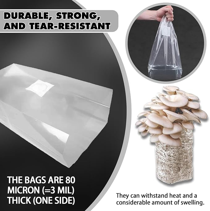 TonGass 60-Pack Large 8"x5"x20" Autoclavable Mushroom Grow Bags Bulk with Microporous Filter Patchs, Extra Thick 80 Micron (=3 Mil), Mushroom Cultivation Spawn Supply Myco Bag Bulk Substrate Bags