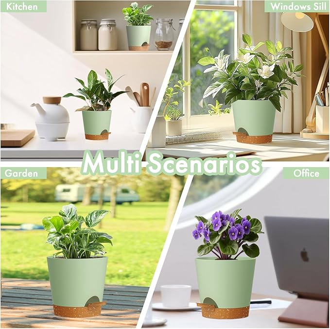 WSMKSZ 4 inch Self Watering Pots for Indoor Outdoor Plants, 6 Pack Plastic Flower Planters with Drainage Holes and Removable Saucers, Plant Pots with Wicking Rope, Modern Decor, Green Brown