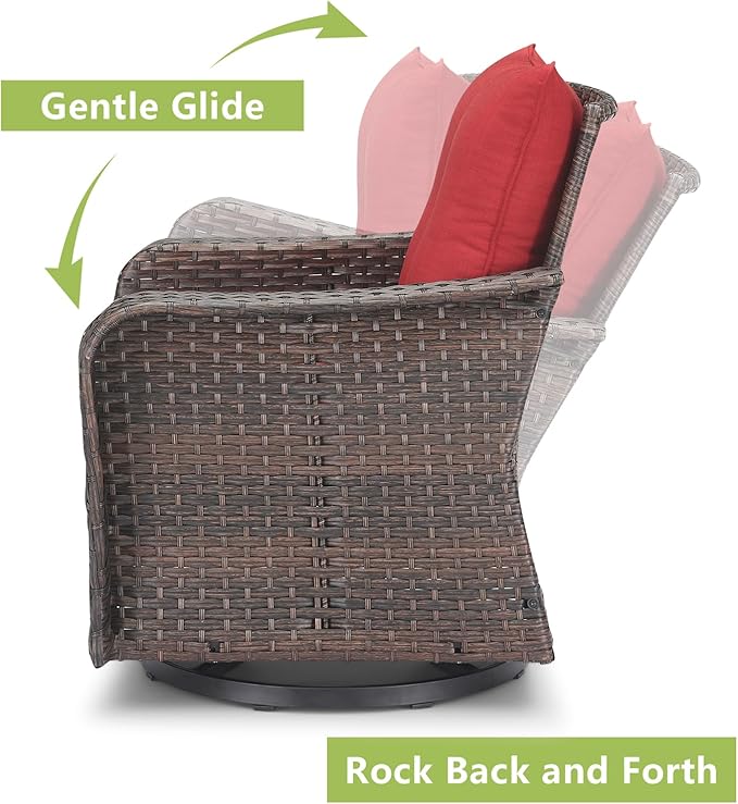 Rilyson Outdoor Patio Swivel Rocker Chairs - 2 PC Wicker Rattan Patio Rocker Glider Chair Set with High Back,Comfy Cushions and Deep Seating for Porch Deck Backyard Garden(Brown/Red)