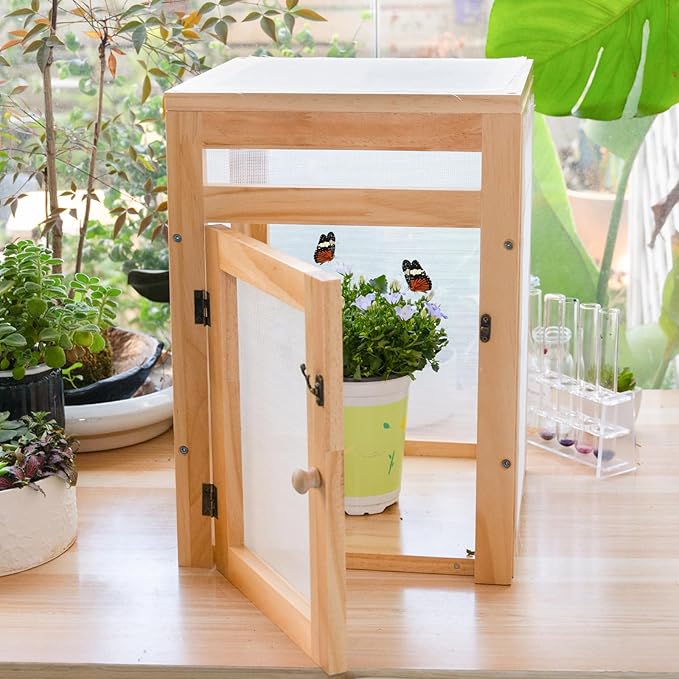 Yohsnor Butterfly Habitat Cage Kit - 15.7" Monarch Caterpillar House with Wooden Frame & Mesh Enclosure, Grow Tent for Hatching Butterflies, Kids Observation & Garden Insect Cages (Includes Guide)