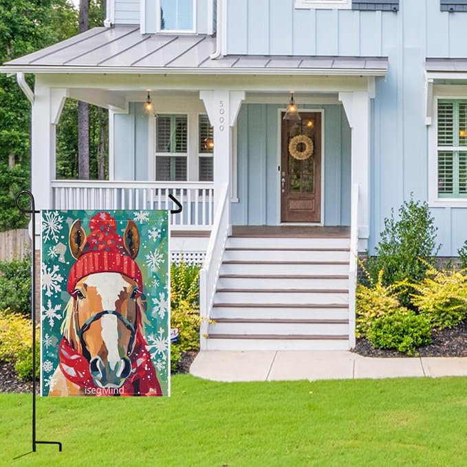 Horse with Red Scarf and Hat Snowflake Christmas Garden Flag, 28x40 Inch Double Sided Linen Holiday Red Winter Farmhouse Yard Outdoor Decoration (4321)
