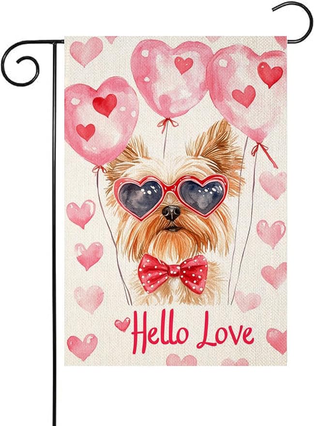Valentine's Day Yorkie Hello Love Garden Flag, House Yard Plaid Love Heart Outside Decoration, Spring Holiday Wedding Anniversary Outdoor Small Decor 12x18(12624)
