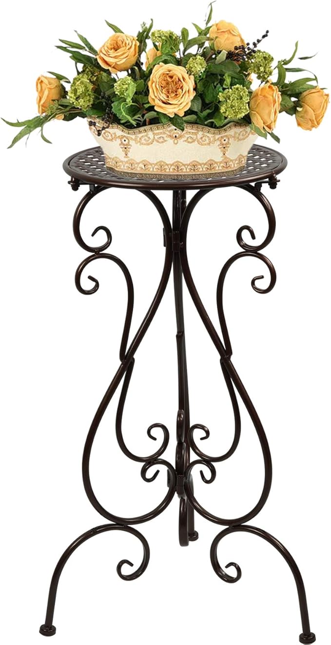 NAKUPE Metal Plant Stand Indoor Outdoor, Heavy Duty Flower Pot Stands 22.5 Inch Tall, Single Plants Pedestal Table for Planter Patio Farmhouse Garden Porch, Brown(1 Pack)