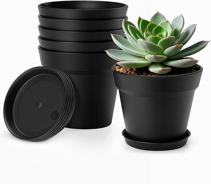 FHWTY 4 Inch Plastic Plant Pots 6 Pack, Small Flower Pots with Drainage Holes and Tray, Thickened Indoor Planters Seedlings Nursery Pots, African Violet, Succulent and All House Plants, Black