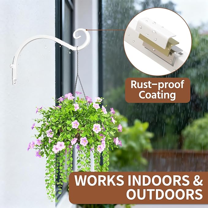 LASZOLA 2 Pack 12 Inch Hanging Plant Brackets, Heavy Duty Iron Wall Hooks for Planter, Bird Feeder, Wind Chime, Lantern, Rust Proof Decorative Hangers for Indoor Outdoor Garden Patio Fence, White