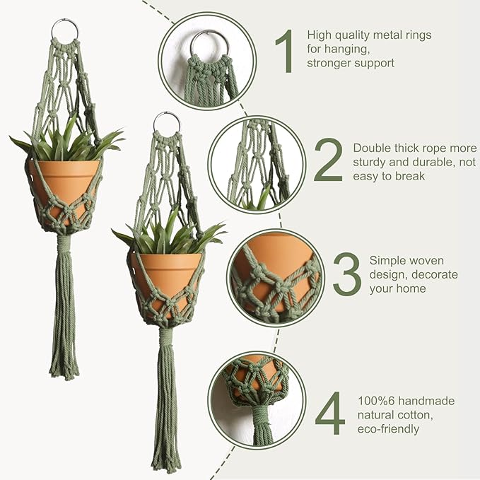 Artilady Macrame Hanging Planter for Indoor Plants, Boho Woven Plant Hanger Large Hanging Flower Pot Holders Outdoor Baskets Storage Green Wall Decor (Olive Green)