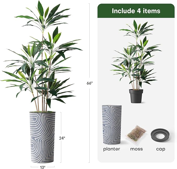 SIGNWIN Artificial Tree in Contemporary Geometric Pattern Planter, Fake Dracaena Tree Silk Tree for Indoor and Outdoor Home Decoration - 66" Overall Tall (Plant Pot Plus Tree)