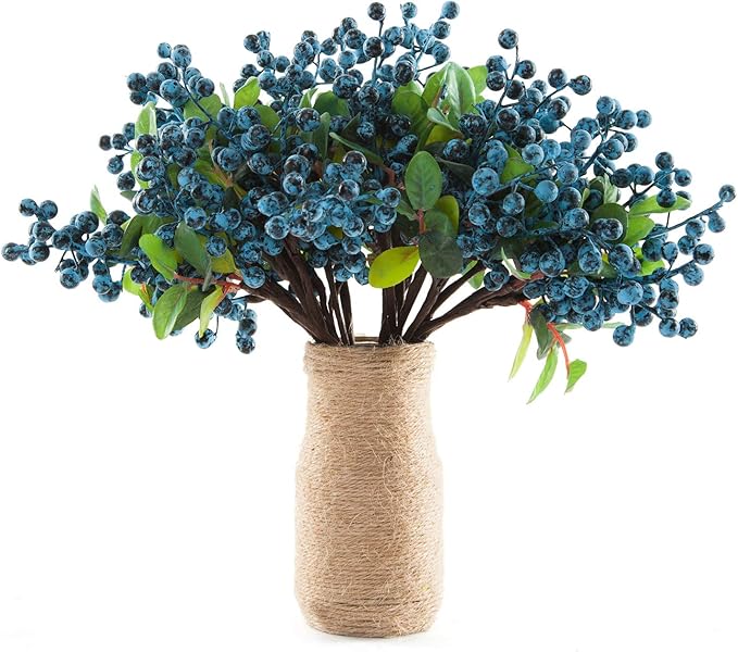 SHACOS Artificial Blue Berry Stems Pack of 20 Fake Blue Berries with Green Leaves 9.8 inch Fake Blueberries Picks for Christmas Decorations Crafts Holiday Home Decor Blueberry