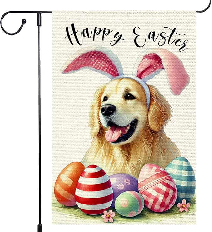 Happy Easter Garden Flag Dog Spring Seasonal Eggs Sign Yard Holiday Outdoor 12x18 Inch Small Burlap Double Sided Garden flags Decorations