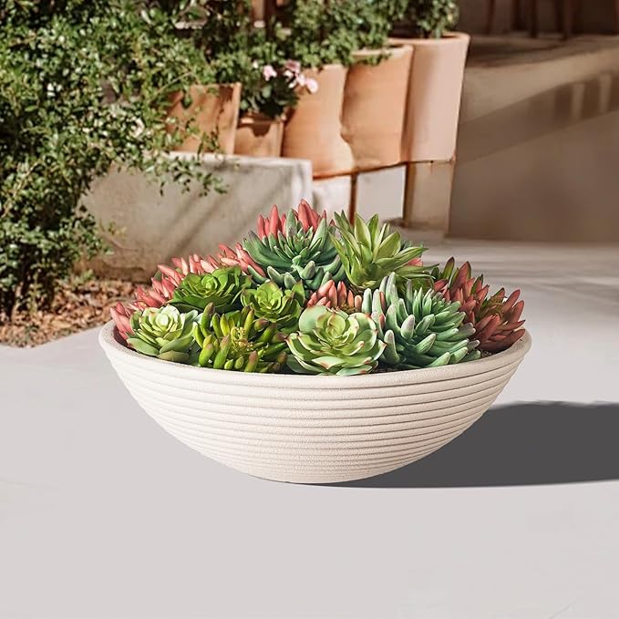 TerraDeco 18 - inch Handmade Classic Bowl - Concrete Planter (2 Packs) | Concrete Composite | Ideal for Succulents, Courtyard Pillars & Staircase Corners