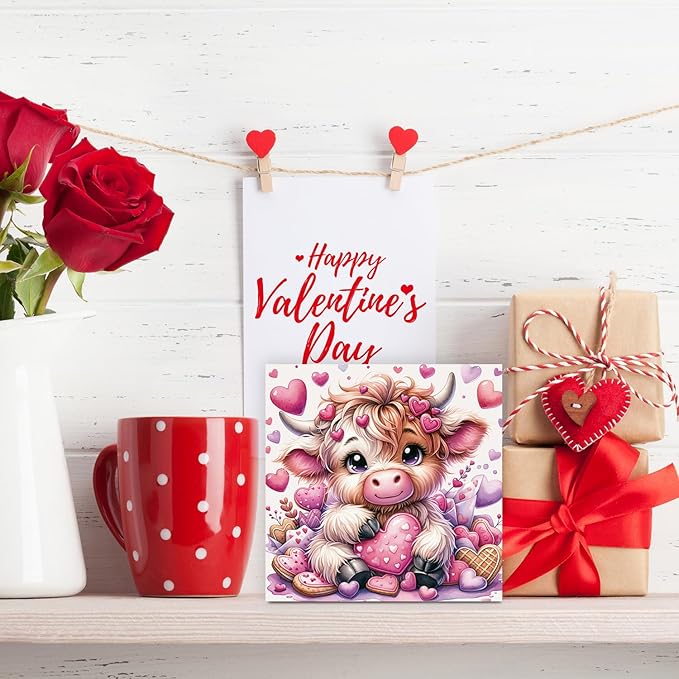 Valentines Decor, Valentines Day Decorations, Highland Cow Valentine's Gifts for Boyfriend Girlfriend, Pink Valentine's Table Decor Highland Cow Decoration Gifts, Office Wooden Decor Signs