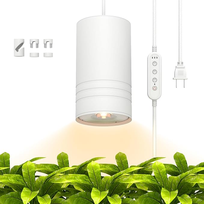 Hanging Grow Lights for Indoor Plants Full Spectrum, Pendant Spotlight Plant Grow Light for Large Tall Plant, Garden, Herb, Seed, with Timer and 15ft Braided Power Cord, 40W 3000K, Full Aluminum White