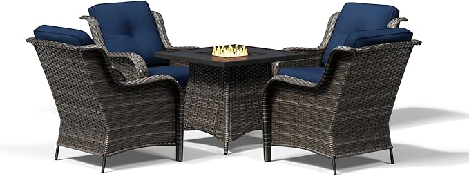 Joyside 5 Piece Wicker Patio Furniture Set with Fire Pit Table, Rattan Patio Chairs with High Back, Deep Seating, Wide Armrest, Thickened Cushions, Outdoor Furniture for Deck, Porch Use