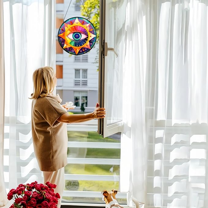7.8'' Evil Eye Stained Glass Suncatcher,Stained Glass Window Hanging,for Indoor Outdoor Decor,for Women/Friends/Lover