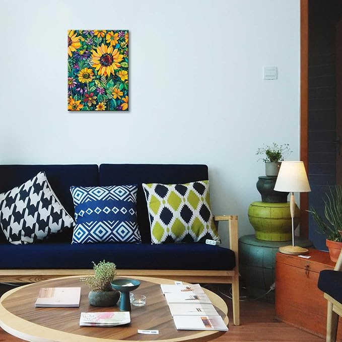 FUNHUA Sunflower Paintings Modern Floral Canvas Prints Aesthetic Posters Farmhouse Sunflower Wall Art Bathroom Decor Flower Pictures for Living Room Bedroom Office With Wood Framed 12X16inches