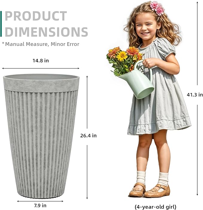 Autodaya 20" Tall Planters Set of 2, High-Density Resin Fluted Outdoor Pots for Plants, Versatile Indoor/Outdoor Flower Pots w/Drainage Holes for Patio, Garden, Porch & Living Room Decor, Ideal Gift
