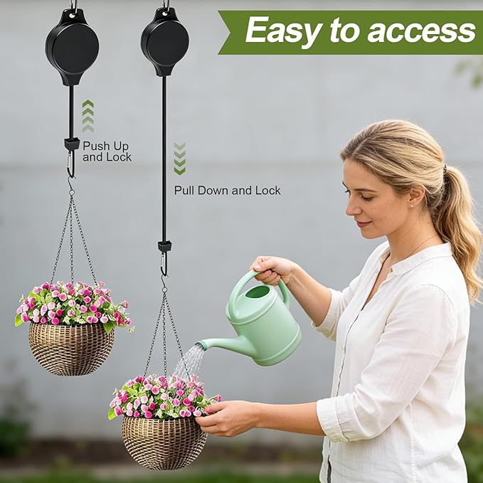 TERVEEX Retractable Plant Hanger with Pulley System, Effortless Raising and Lowering for Indoor and Outdoor Plants, Hanging Planters, Garden Pots & Bird Feeders (4-Pack,Black)