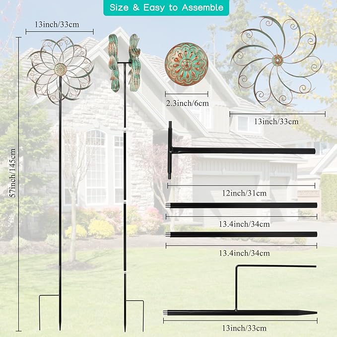 VEWOSTAR Wind Spinners Outdoor Wind Spinner Metal 13” Dia Wind Spinners for Yard and Garden Decor Pinwheels Wind Sculptures & Spinners(57” H)