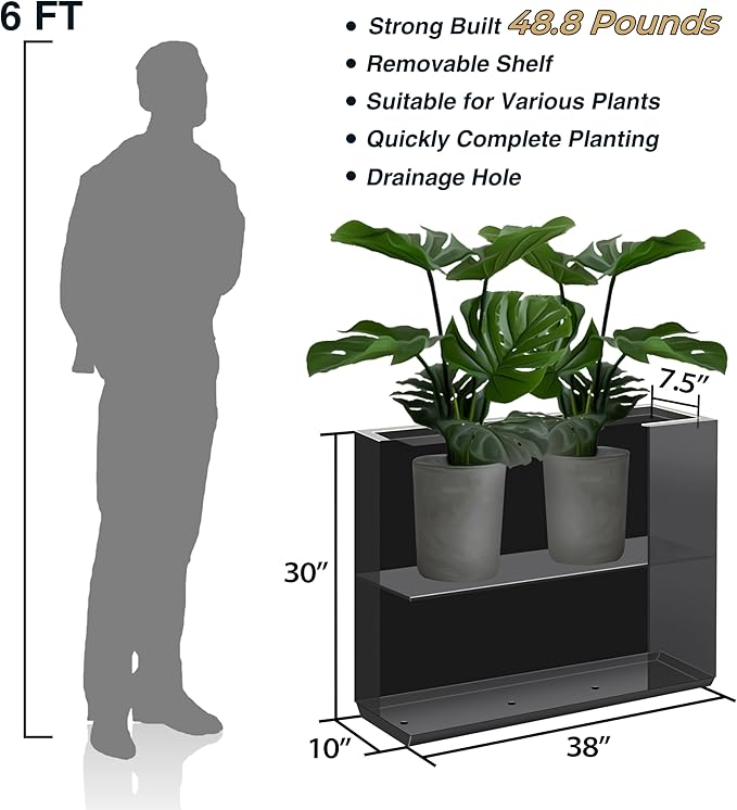 Wallowa Metallic Heavy Planter for Outdoor Plants, 38Lx10Wx30H Inches Tall and Long Metal Divider Planter Box for Outside & Indoor, No Assembly Required (Gray)