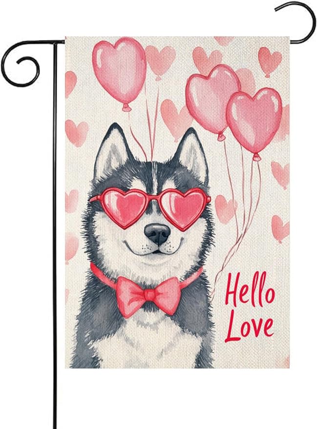 Valentine's Day Husky Hello Love Garden Flag, House Yard Plaid Love Heart Outside Decoration, Spring Holiday Wedding Anniversary Outdoor Small Decor 12x18(12630)