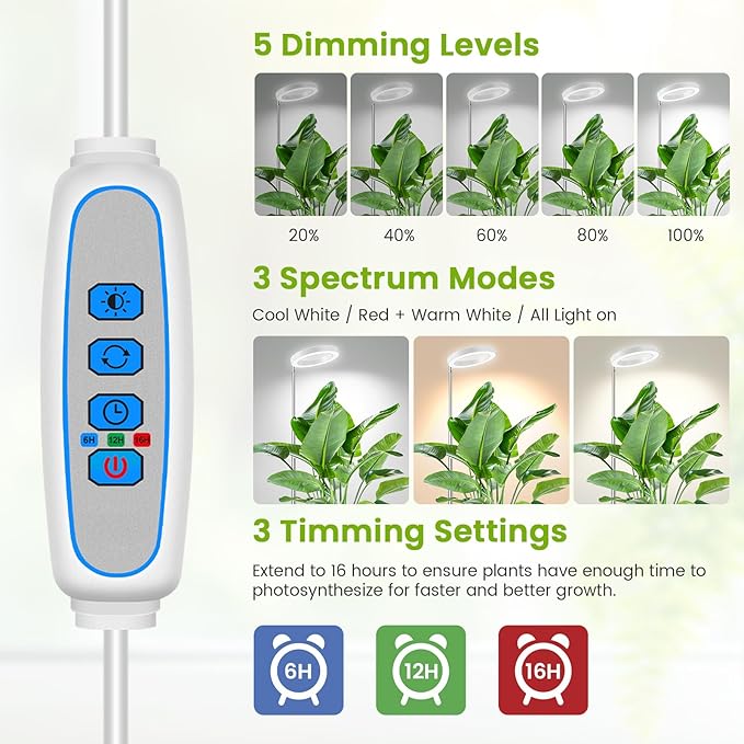 White Grow Light, Full Spectrum LED Plant Lights for Indoor Growing with 6/12/16H Timer, 3 Color Modes, 5 Brightness, 10"-65" Height Adjustable Growing Lamp for Large Indoor Plants, 2 Pack