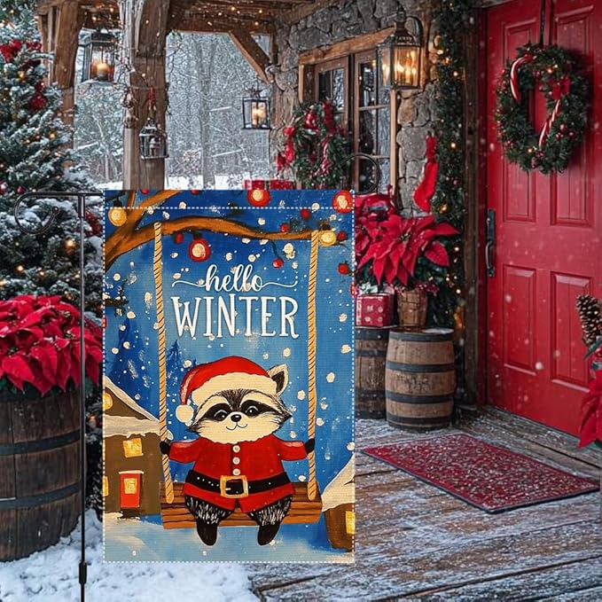 Hello Winter Garden Flag 12x18 Inch Double Sided Burlap Cute Raccoon in Santa Suit on Swing Christmas Holiday Outdoor Decor for Yard Porch Lawn Winter House Decoration