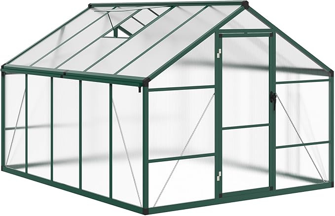 8X10 FT Greenhouse for Outdoors, Large Walk-in Polycarbonate Greenhouse Kit, Aluminum Frame, Lockable Door, Roof Vent, Ground Spikes, for Garden, Patio, Backyard, Outdoor Plant Growth