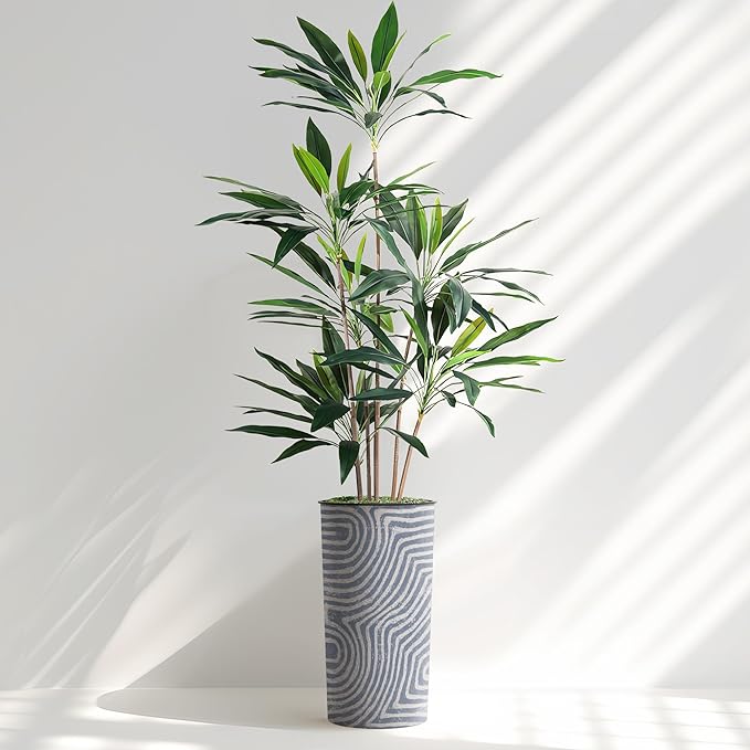 SIGNWIN Artificial Tree in Contemporary Geometric Pattern Planter, Fake Dracaena Tree Silk Tree for Indoor and Outdoor Home Decoration - 66" Overall Tall (Plant Pot Plus Tree)