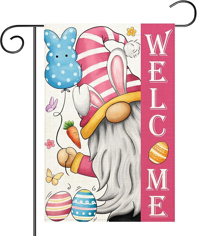 Welcome Easter Gnome Garden Flag 12×18 Inch Double Sided Vertical Spring Yard Outdoor Holiday Yard Lawn Garden Banner (Easter Garden Flag)