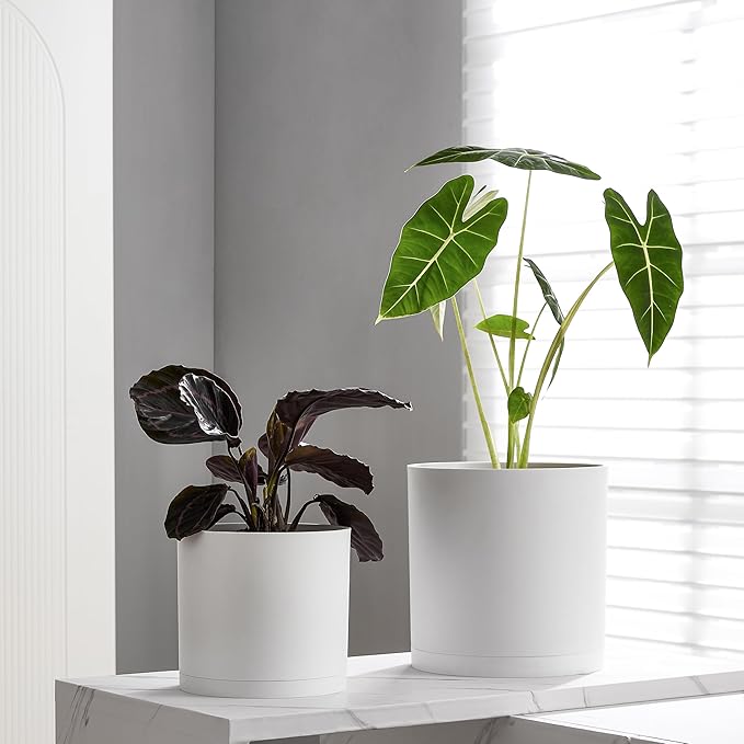 FaithLand 14-Inch Large Modern Cylinder Planter, Thick-Walled Plastic Plant Pot with Drainage Holes and Detachable Saucer, Matte White, Ideal for Indoor & Outdoor Plants Flowers