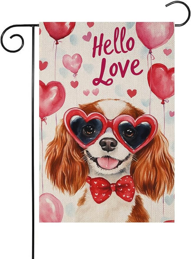Valentine's Day Cavalier-King-Charles Spaniel Hello Love Garden Flag, House Yard Plaid Love Heart Outside Decoration, Spring Holiday Wedding Anniversary Outdoor Small Decor 12x18(12638)