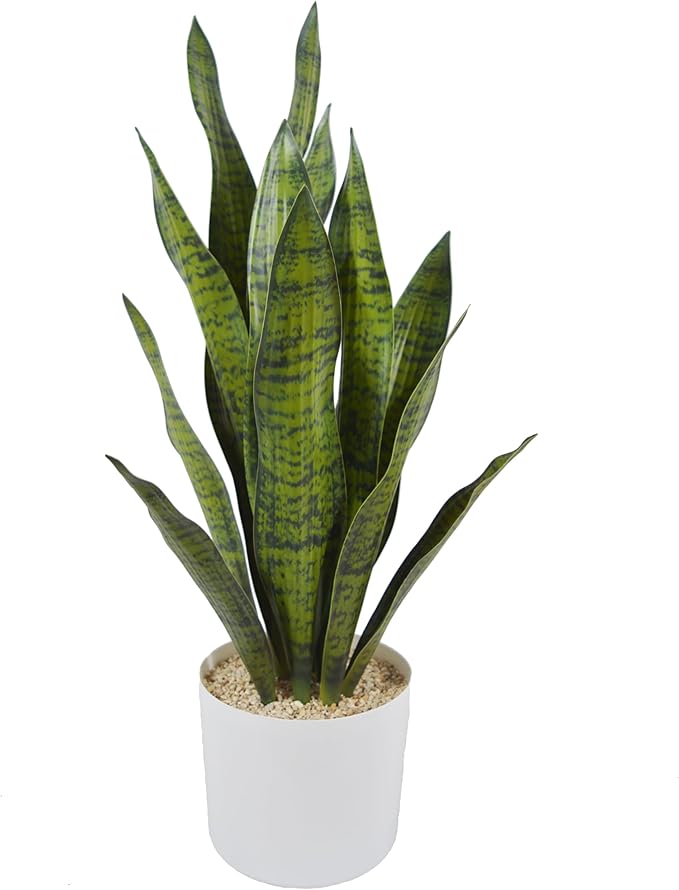 Fake Snake Plant, 27in Fake Plant with White Pot Realistic Leaves, Low Maintenance Artificial Potted Plants for Indoor Decor, No Watering Needed, Perfect for Home, Office & Pet Areas