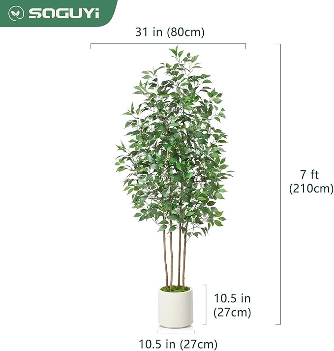 SOGUYI Ficus Artificial Tree 7ft Fake Silk Plant for Home Decor Indoor, Faux Tree in White Imitation Ceramic Planter Fake Floor Plant for Living Room and Home Office Corner Indoor Decor, Set of 1