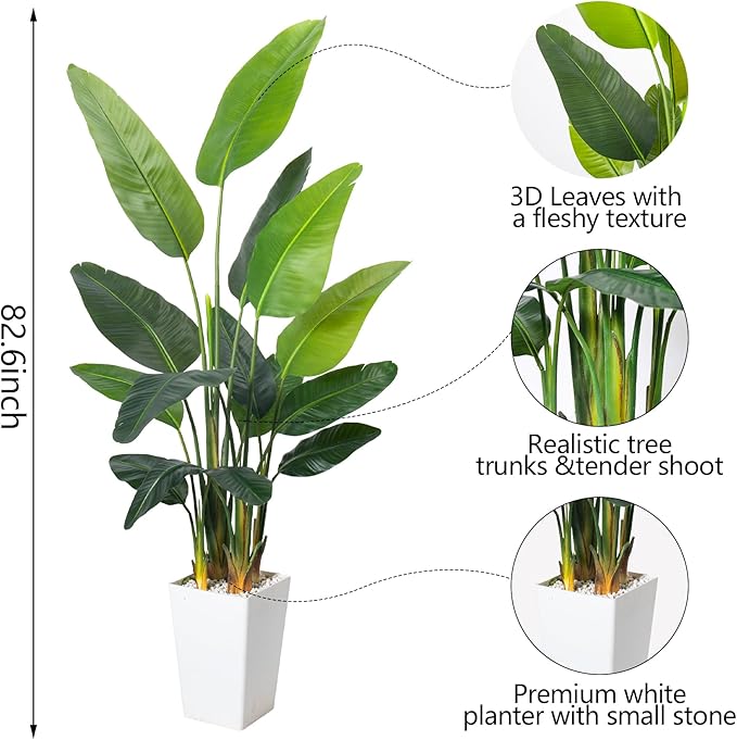 HAIHONG Bird of Paradise Artificial Plant 6.8FT, Faux Tropical Palm Tree with White Tall Planter, Large Fake Plants in Pot - Artificial Tree for Home Office Living Room Decor Indoor