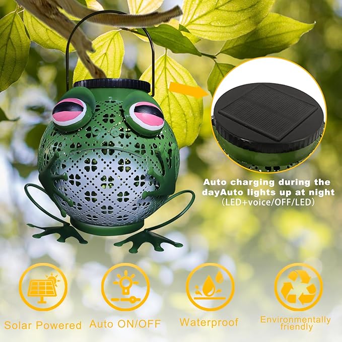 2 Pack Solar Lanterns Outdoor Waterproof Frog Metal Hanging Lantern Outdoor Hanging Solar Lights with Sound, Outdoor Lanterns for Yard, Garden, Patio, Porch