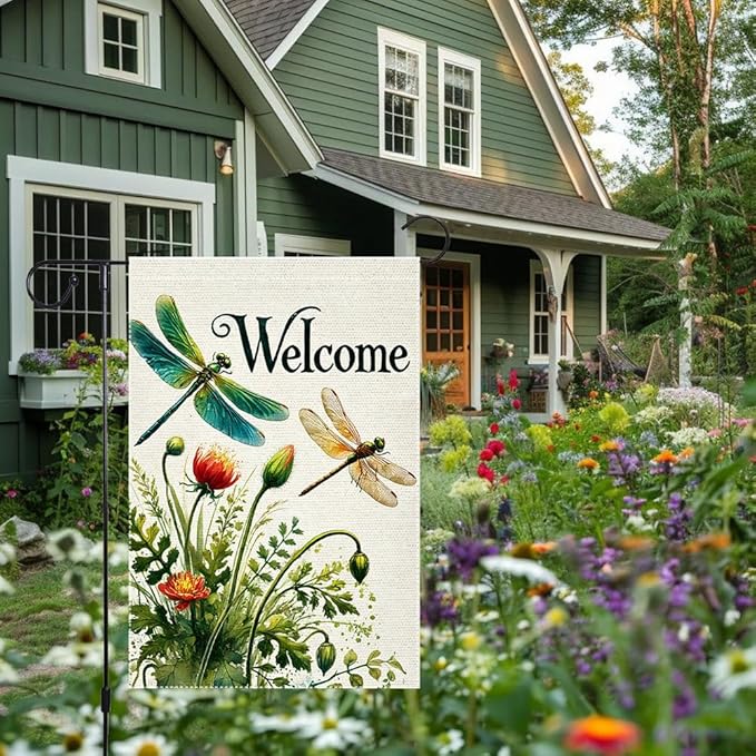 Hello Spring Summer Tulip Dragonfly Garden Flag 12x18 Inch Double Sided Burlap Seasonal Wildflowers Outdoor Lawn Rustic Farmhouse Home Yard Flags Decor
