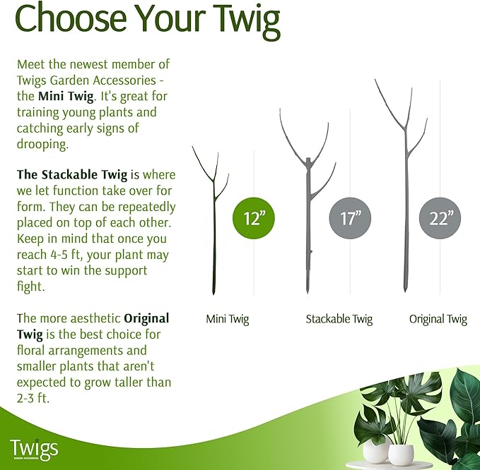 Twigs GA - Mini Twigs Plant Support Stakes for Small Plants, Indoor & Outdoor Use, Gardening Supplies, Garden Accessories, Trellis & Ring Alternative - Monstera (Dark Green), 10 Pack, 12" L